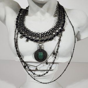 Layered Silver, Jade and Black Suede Choker Necklace